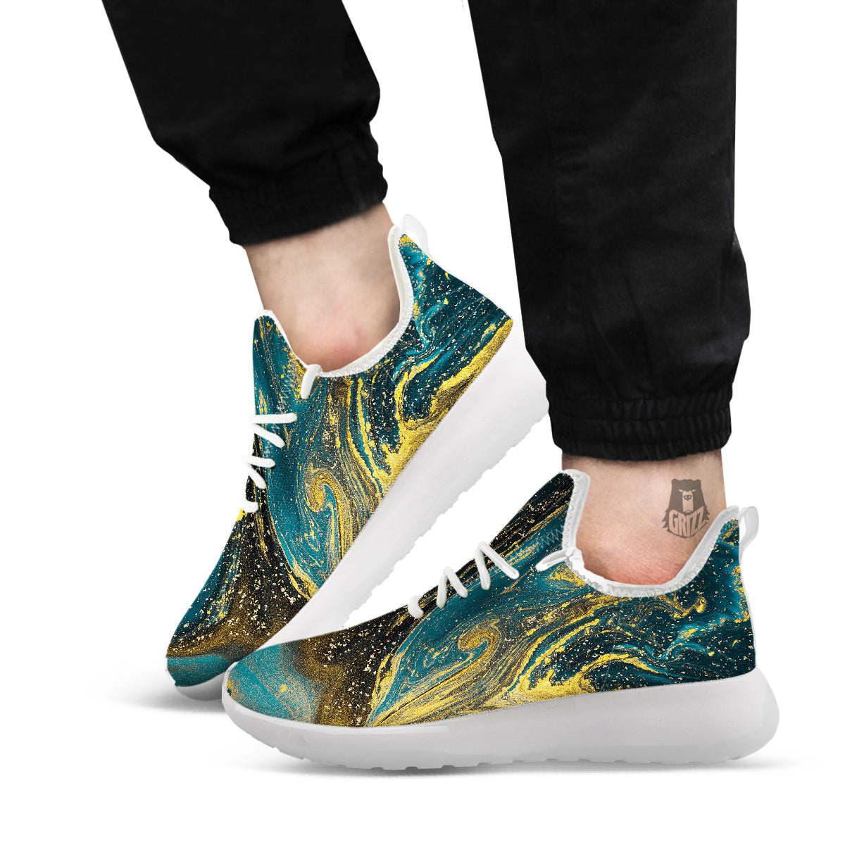 Natural Luxury Blue And Gold Marble Print White Athletic Shoes-grizzshop