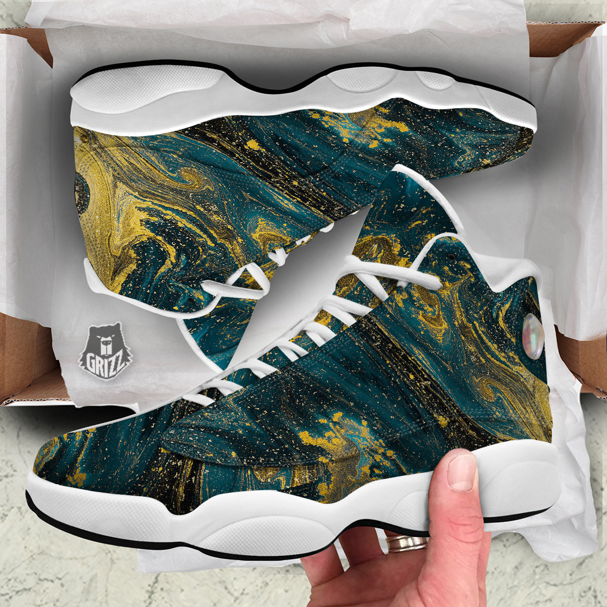 Natural Luxury Blue And Gold Marble Print White Basketball Shoes-grizzshop