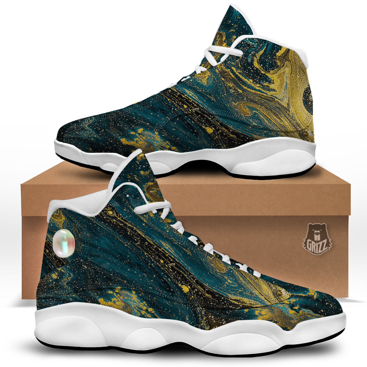 Natural Luxury Blue And Gold Marble Print White Basketball Shoes-grizzshop