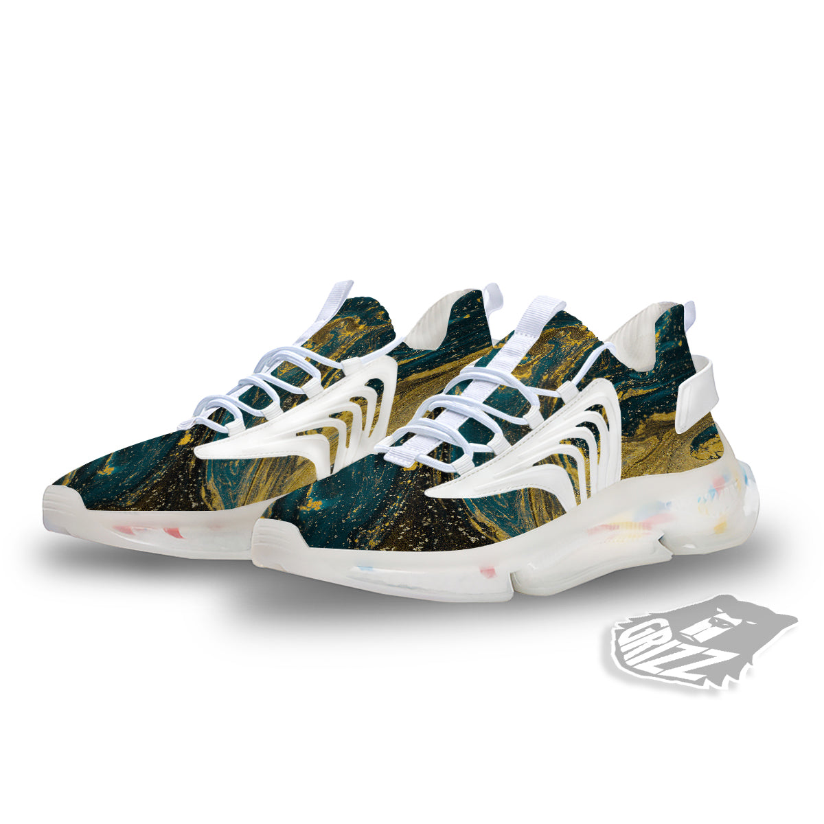 Natural Luxury Blue And Gold Marble Print White Gym Shoes-grizzshop