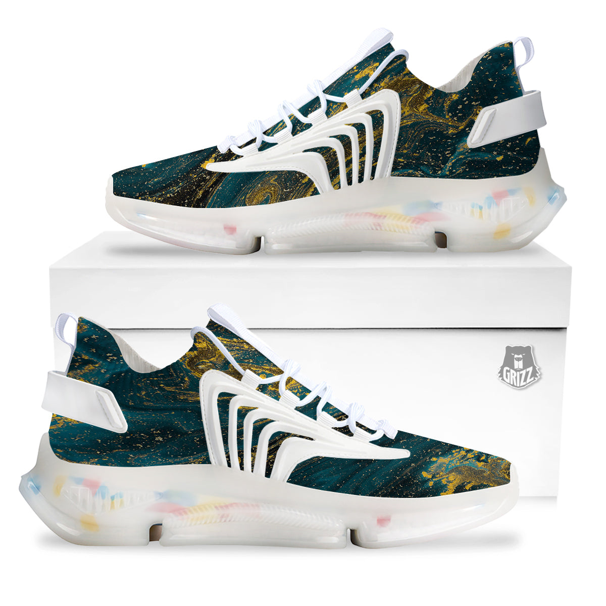 Natural Luxury Blue And Gold Marble Print White Gym Shoes-grizzshop