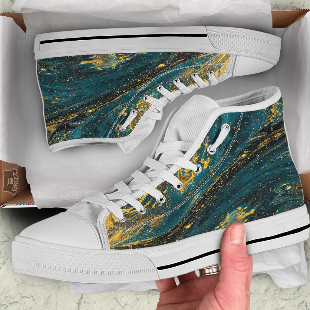 Natural Luxury Blue And Gold Marble Print White High Top Shoes-grizzshop