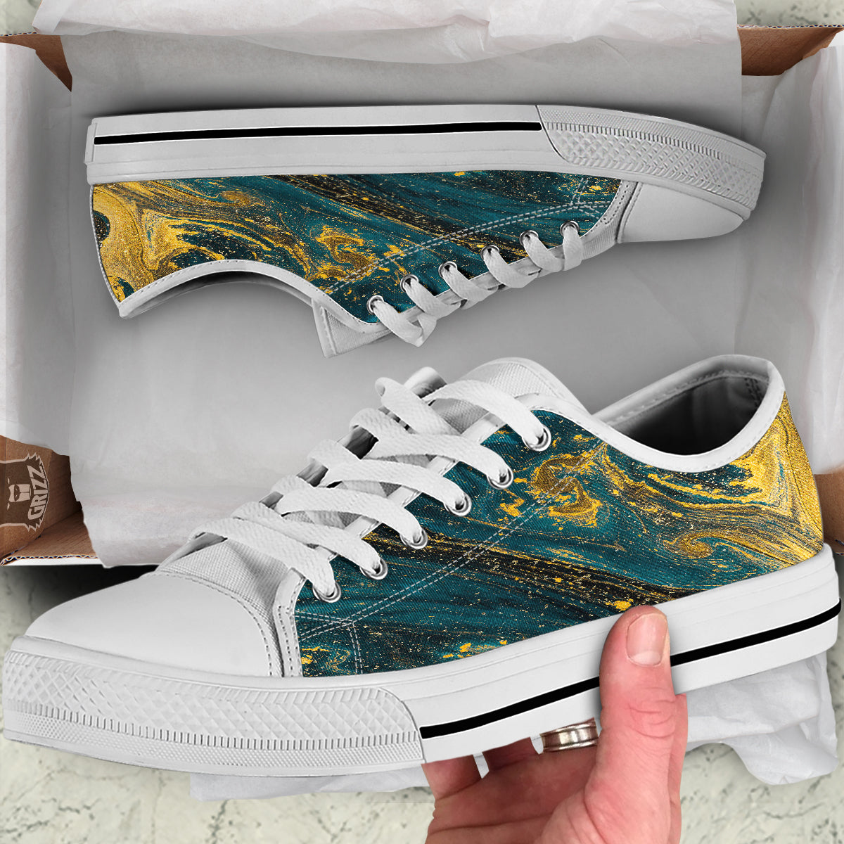 Natural Luxury Blue And Gold Marble Print White Low Top Shoes-grizzshop