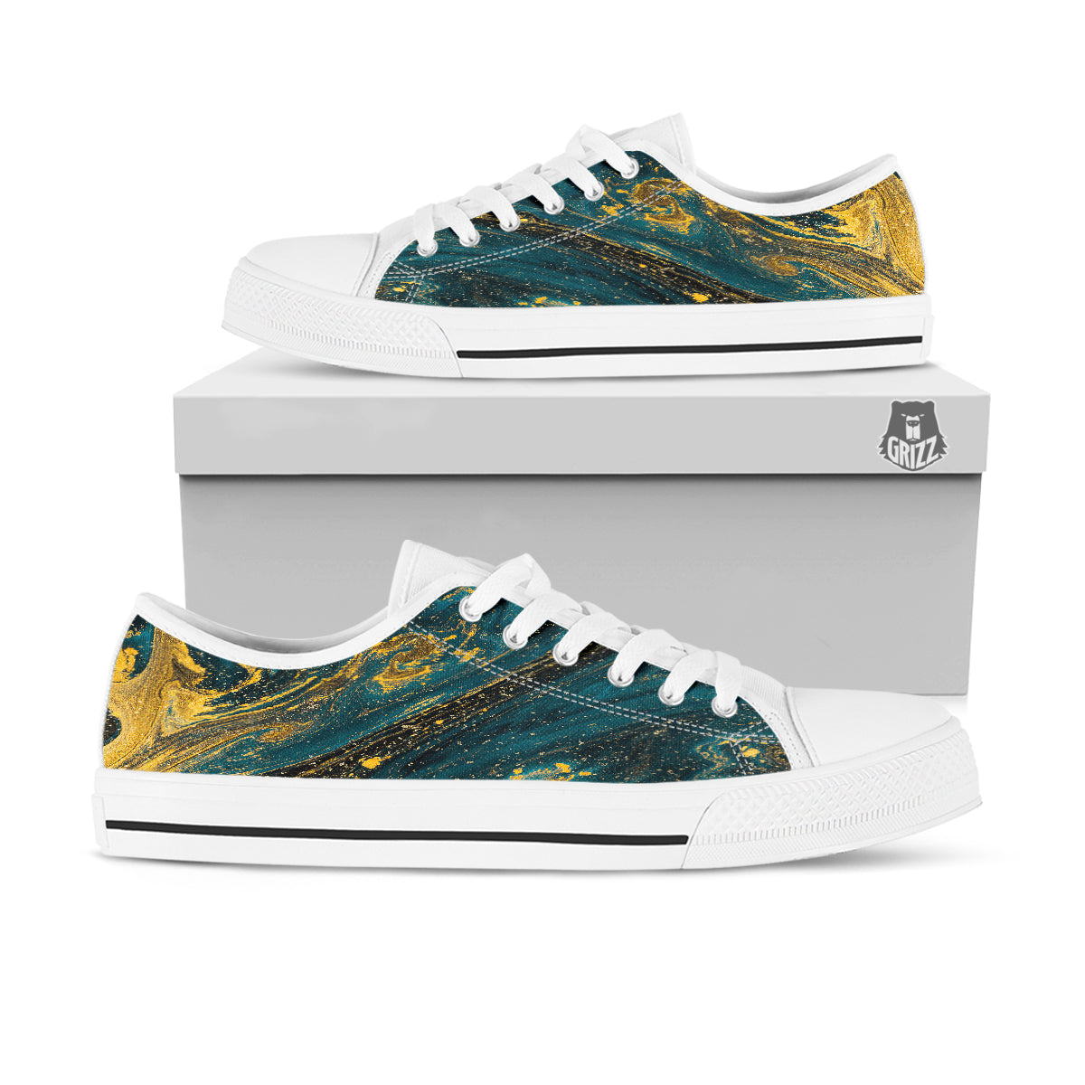 Natural Luxury Blue And Gold Marble Print White Low Top Shoes-grizzshop