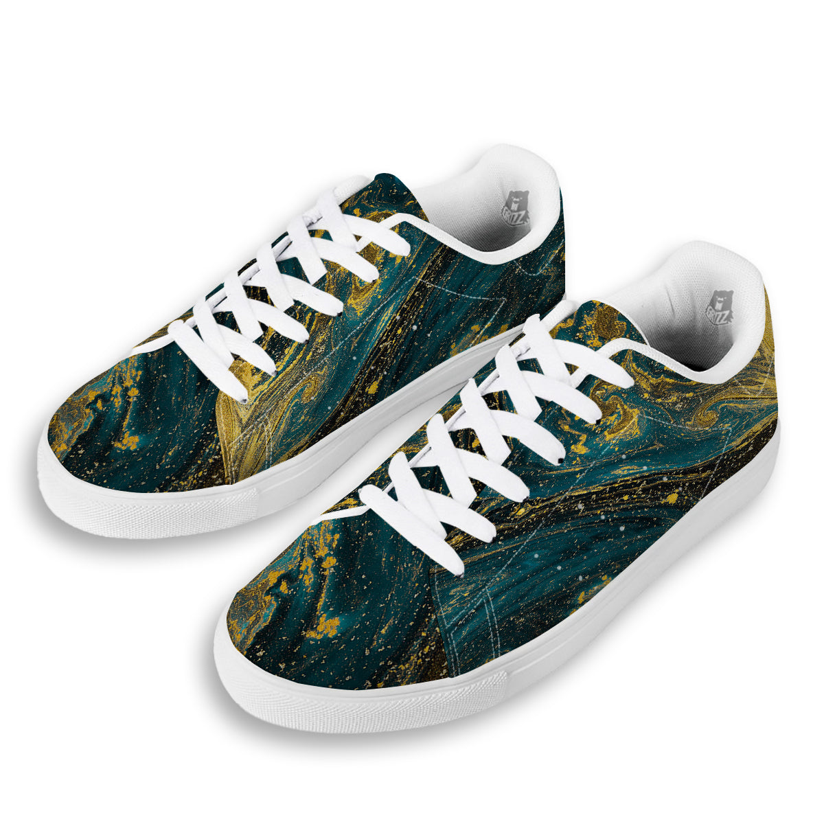 Natural Luxury Blue And Gold Marble Print White Low Top Sneakers-grizzshop