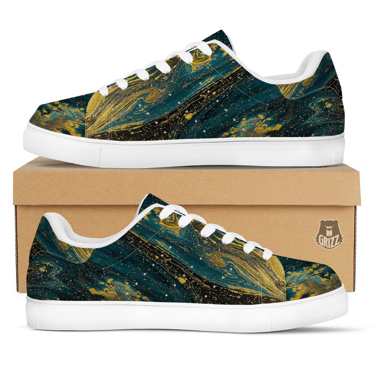 Natural Luxury Blue And Gold Marble Print White Low Top Sneakers-grizzshop