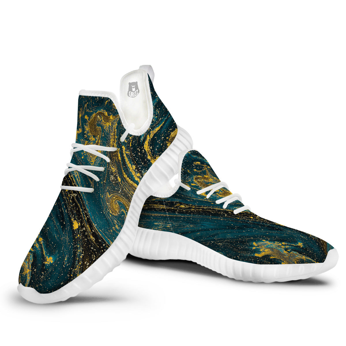 Natural Luxury Blue And Gold Marble Print White Walking Shoes-grizzshop