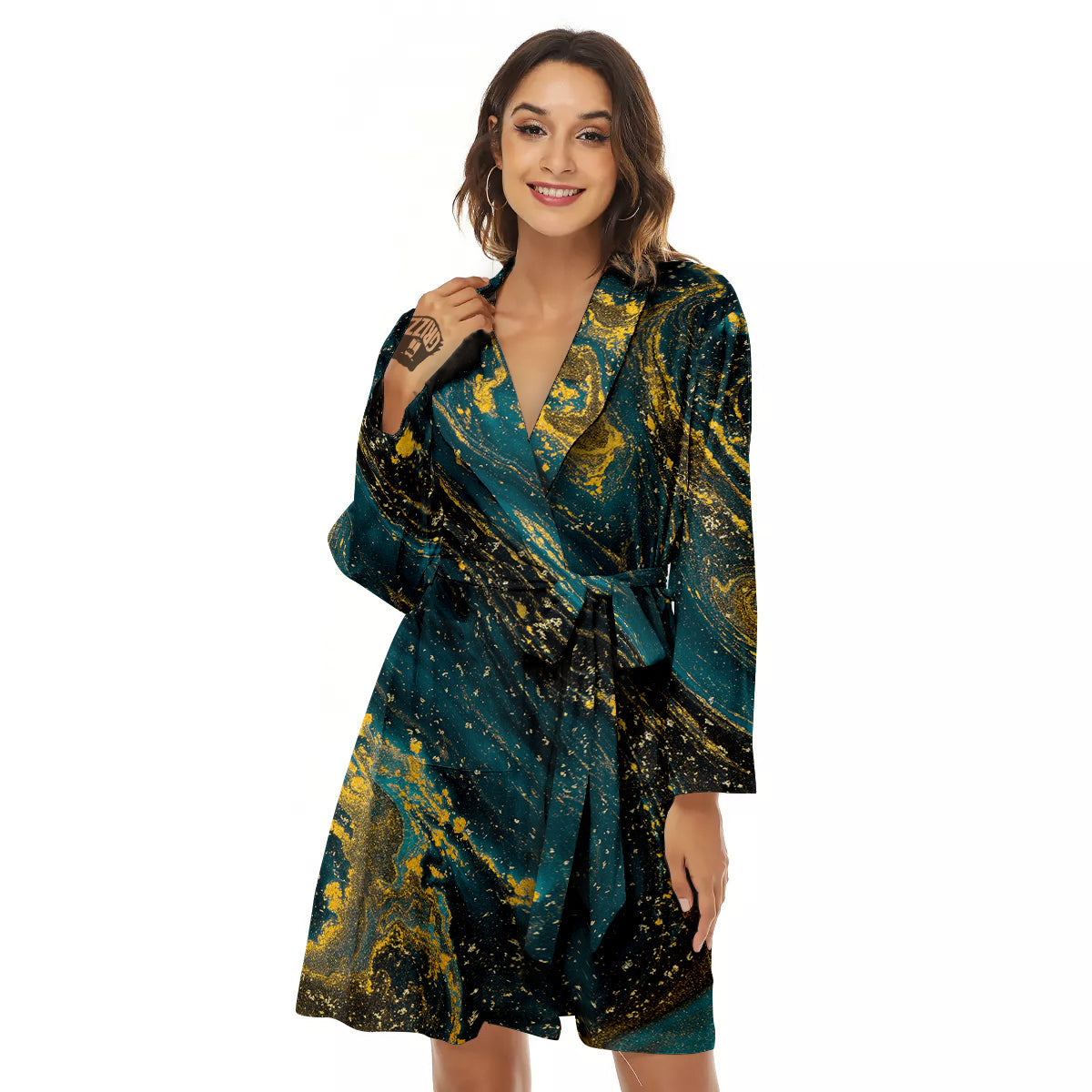 Natural Luxury Blue And Gold Marble Print Women's Robe-grizzshop