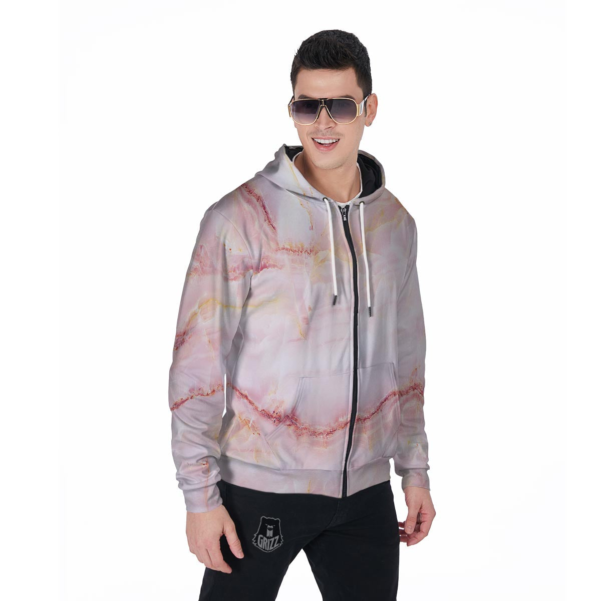 Natural Pink Marble Men's Zip Up Hoodie-grizzshop