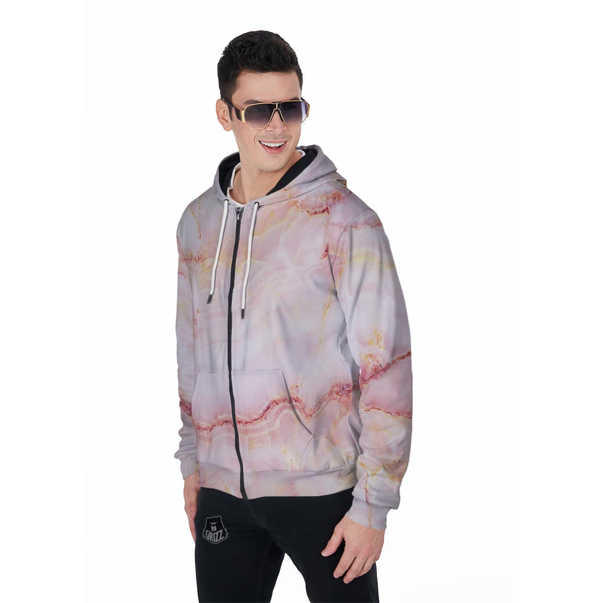 Natural Pink Marble Men's Zip Up Hoodie-grizzshop
