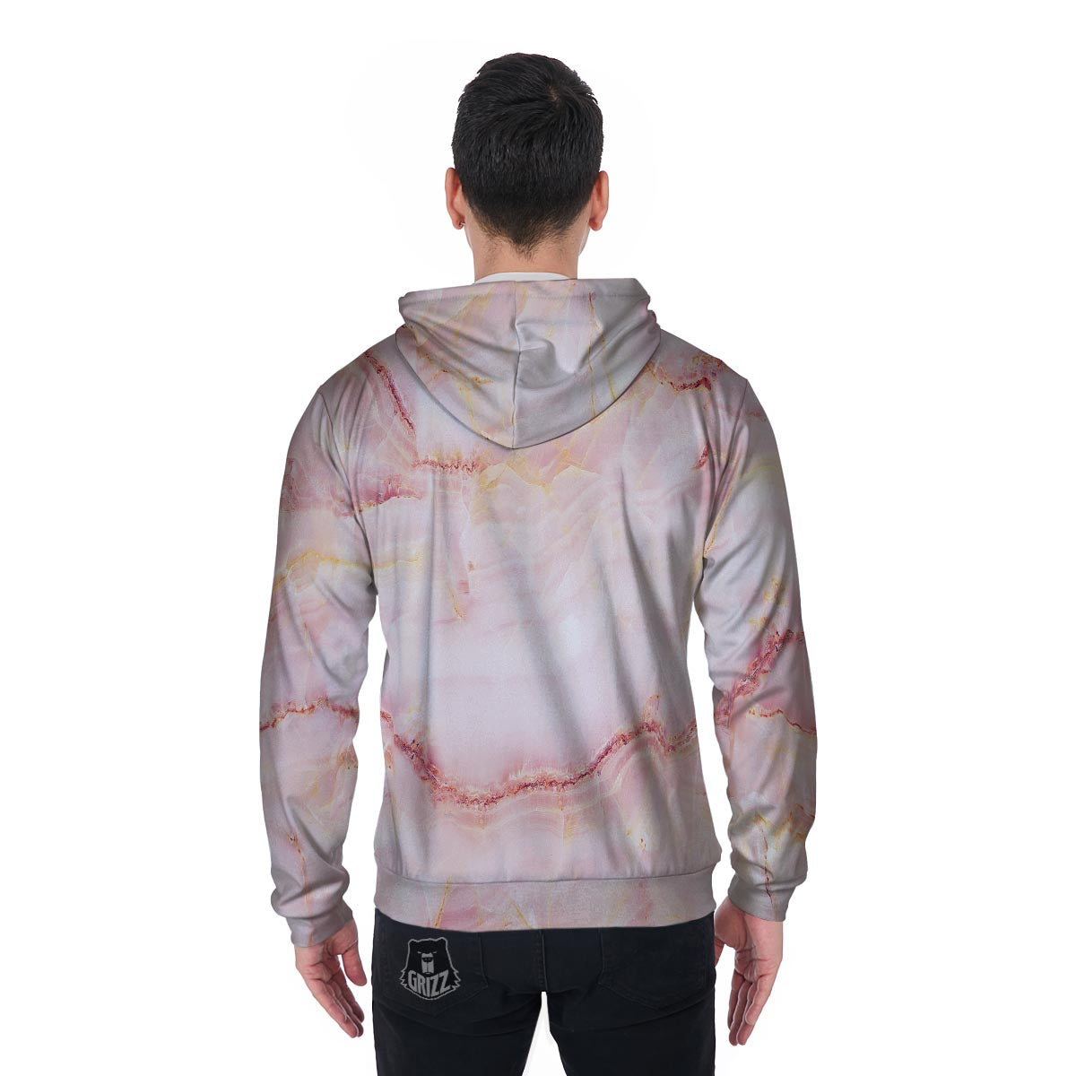 Natural Pink Marble Men's Zip Up Hoodie-grizzshop