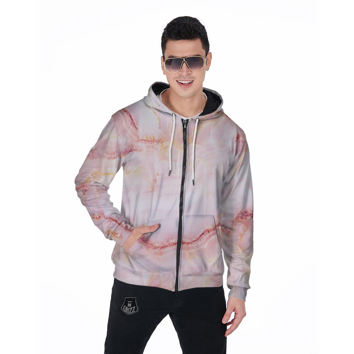 Natural Pink Marble Men's Zip Up Hoodie-grizzshop
