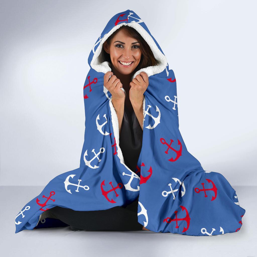 Nautical Anchor Pattern Print Hooded Blanket-grizzshop