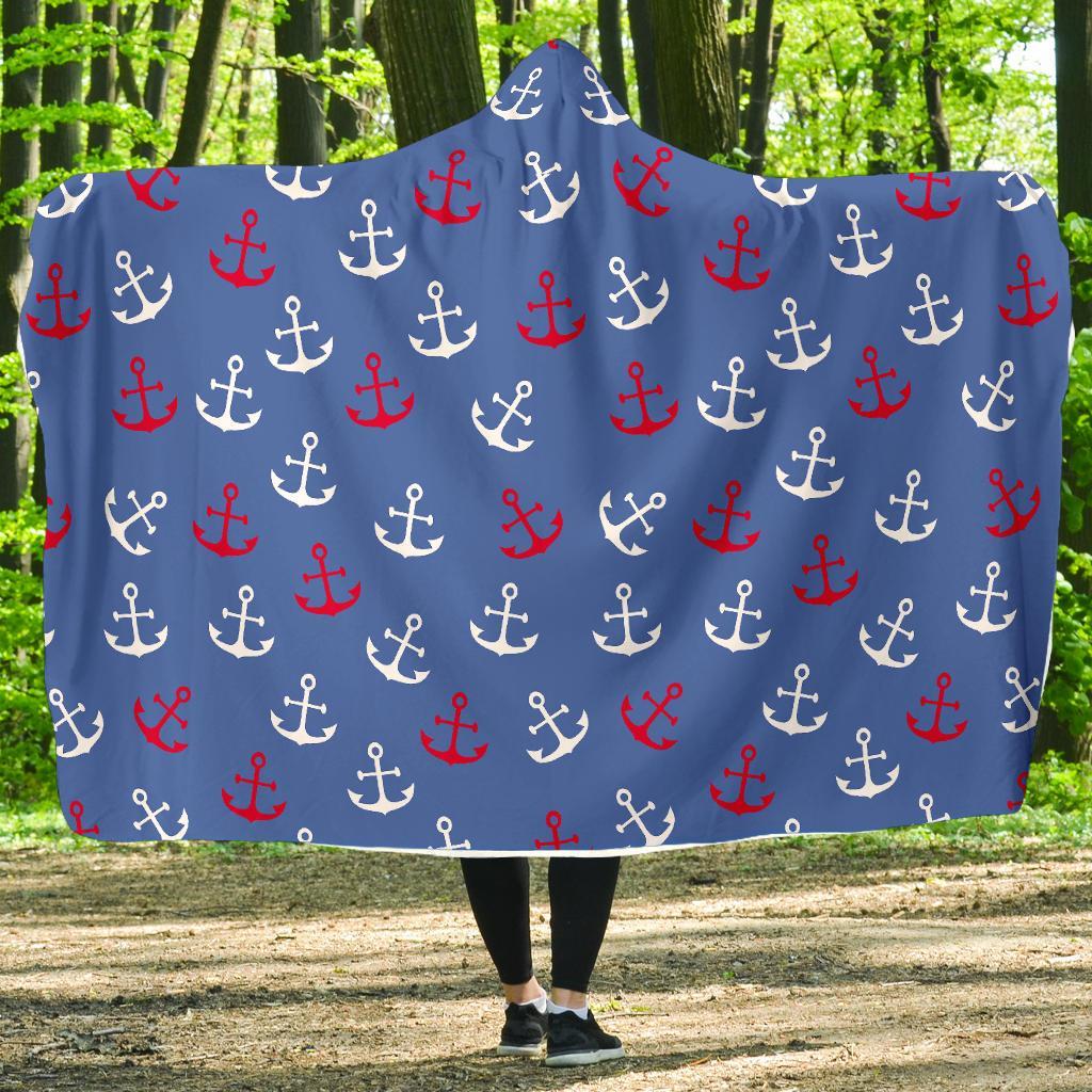 Nautical Anchor Pattern Print Hooded Blanket-grizzshop