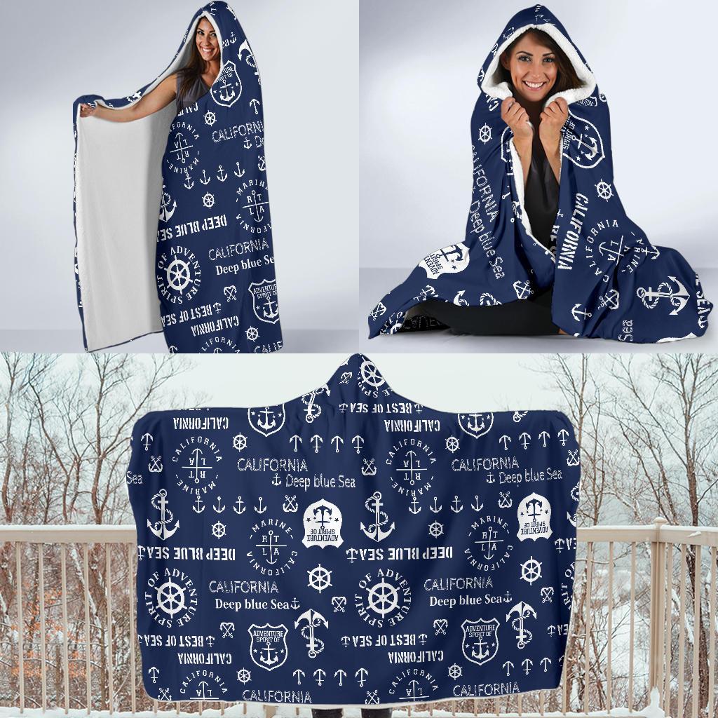 Nautical Anchor Print Pattern Hooded Blanket-grizzshop