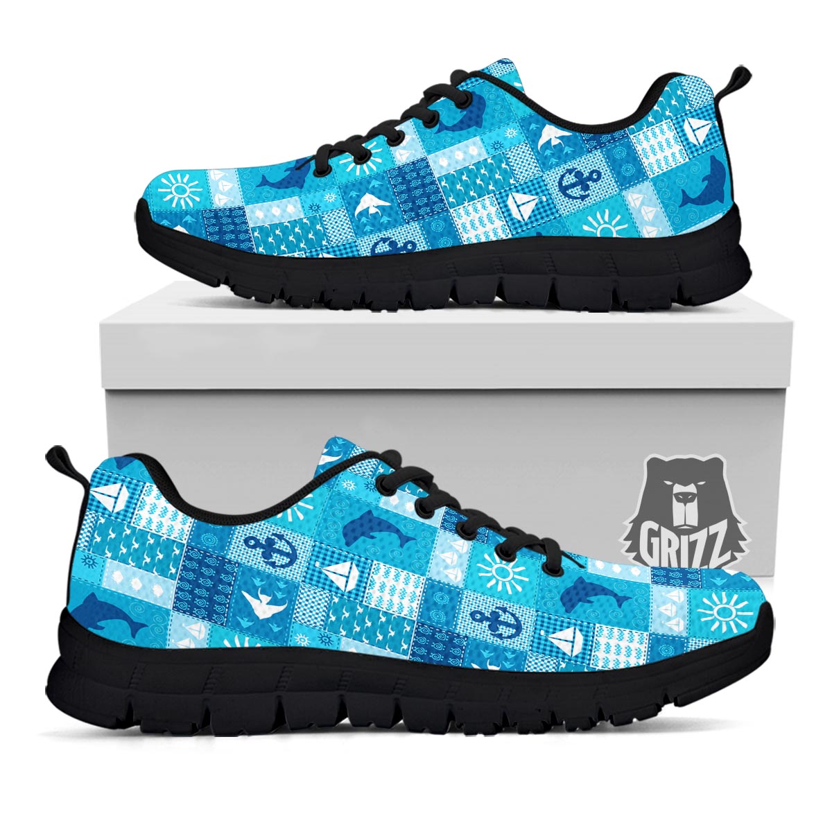 Nautical Sea Animal Patchwork Retro Print Pattern Black Sneaker-grizzshop