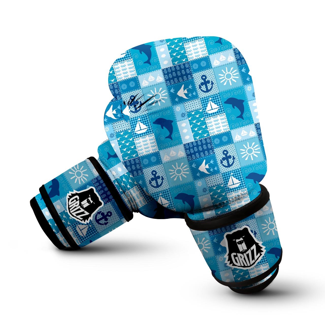 Nautical Sea Animal Patchwork Retro Print Pattern Boxing Gloves-grizzshop