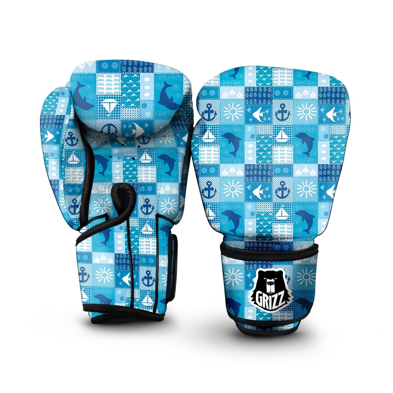 Nautical Sea Animal Patchwork Retro Print Pattern Boxing Gloves-grizzshop