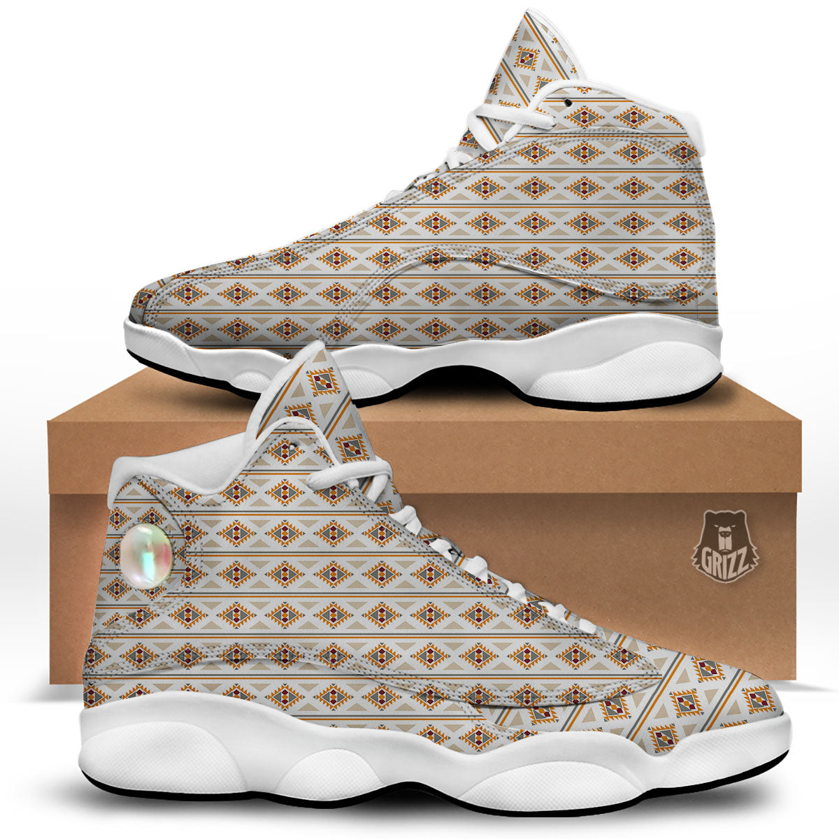 Navajo Ethnic Southwestern Print Pattern White Basketball Shoes-grizzshop