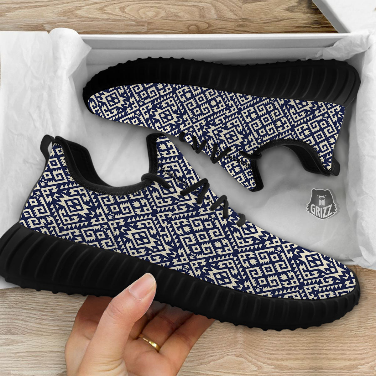 Navajo Native Indian Print Pattern Black Walking Shoes-grizzshop