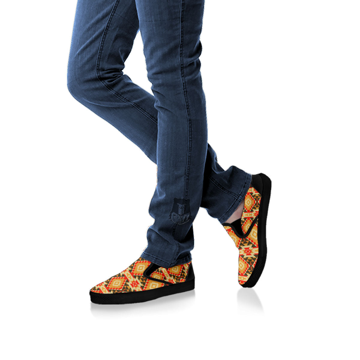 Navajo Native Print Pattern Black Slip On Shoes-grizzshop