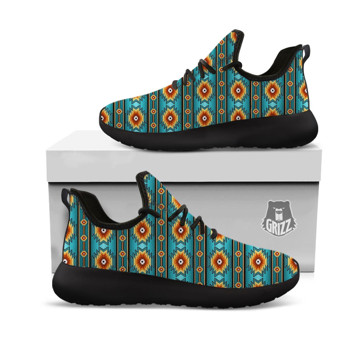 Navajo Teal Southwestern Print Pattern Black Athletic Shoes-grizzshop
