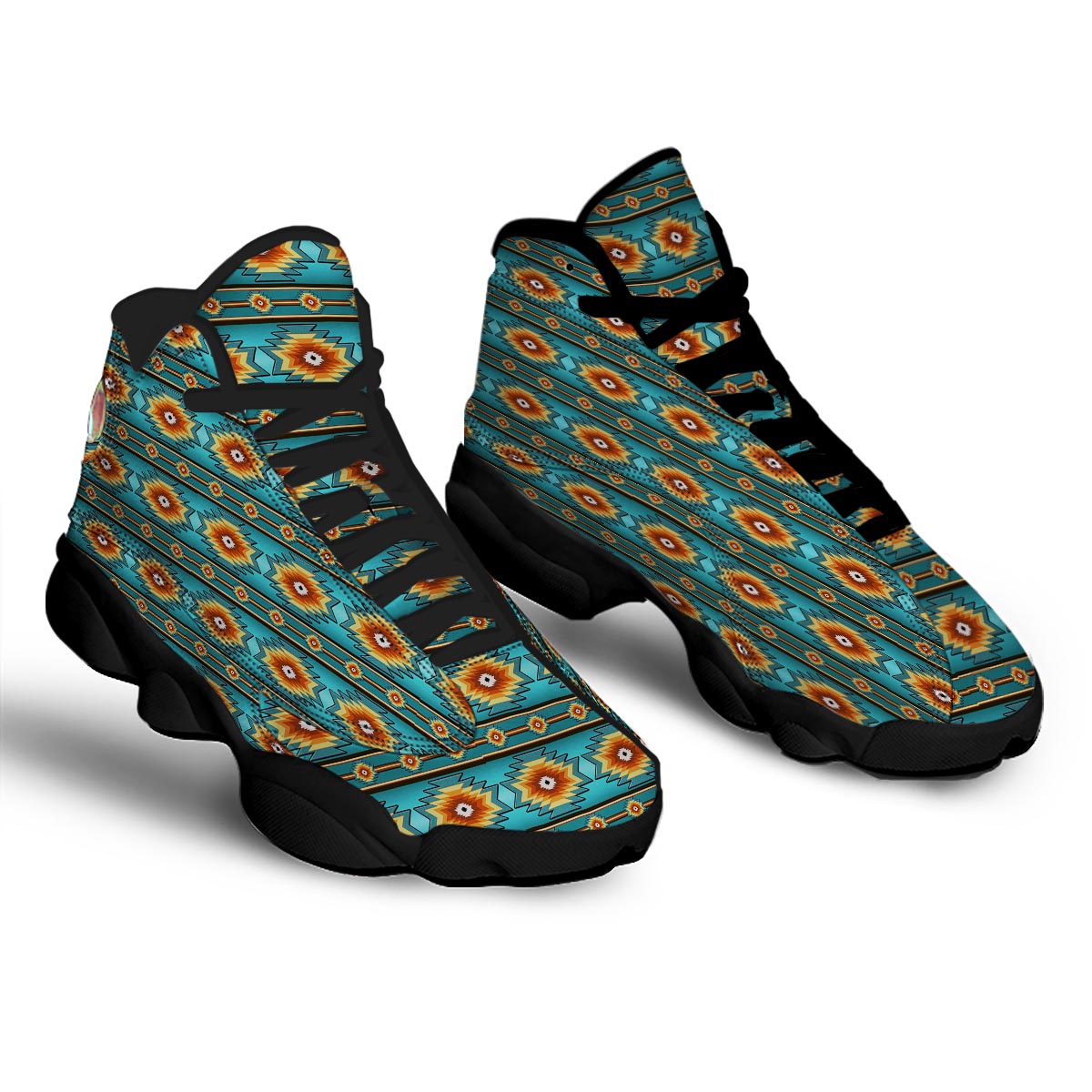 Navajo Teal Southwestern Print Pattern Black Basketball Shoes-grizzshop