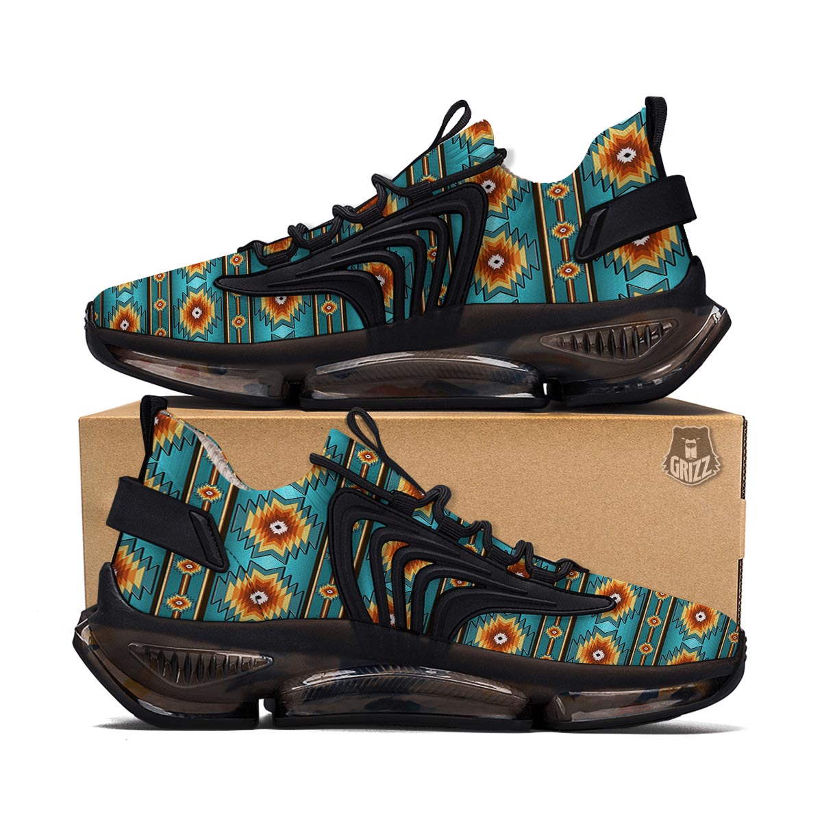 Navajo Teal Southwestern Print Pattern Black Gym Shoes-grizzshop