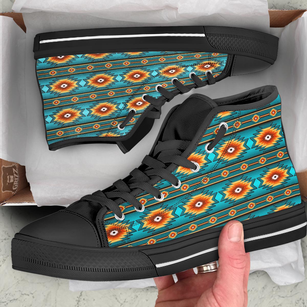 Navajo Teal Southwestern Print Pattern Black High Top Shoes-grizzshop