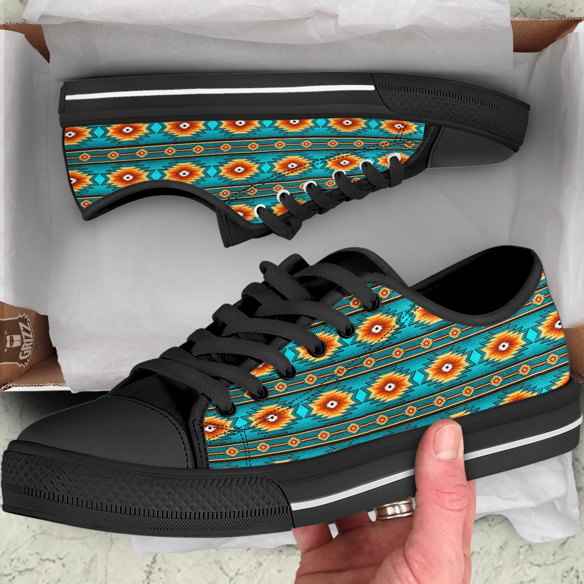 Navajo Teal Southwestern Print Pattern Black Low Top Shoes-grizzshop