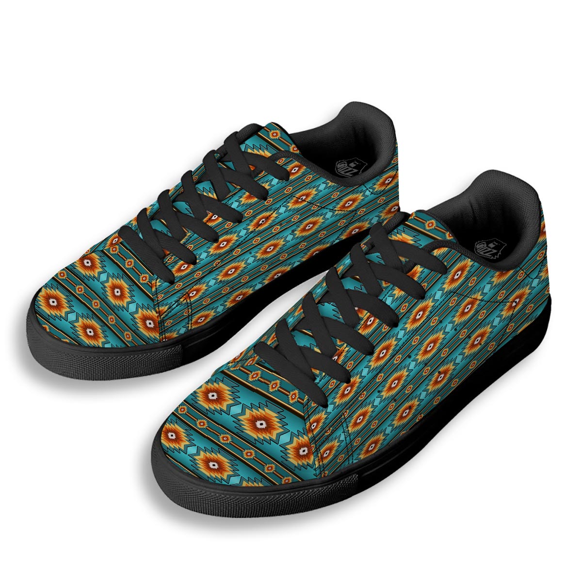 Navajo Teal Southwestern Print Pattern Black Low Top Sneakers-grizzshop