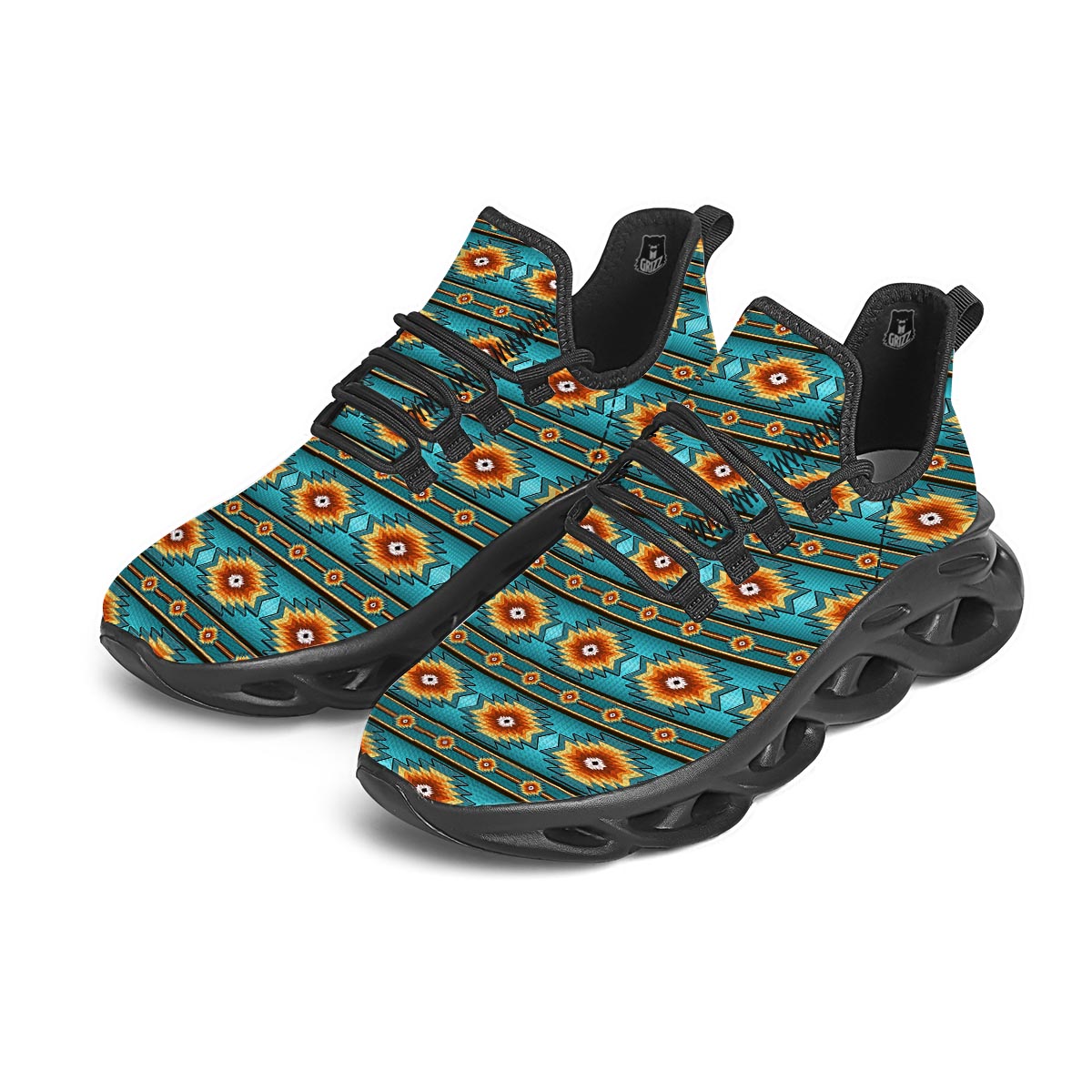 Navajo Teal Southwestern Print Pattern Black Running Shoes-grizzshop