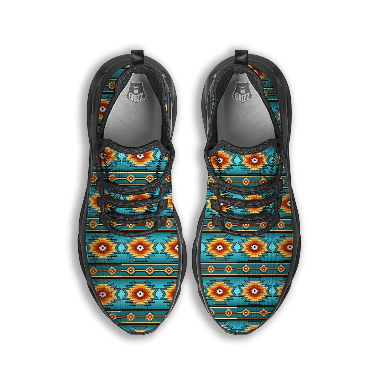Navajo Teal Southwestern Print Pattern Black Running Shoes-grizzshop
