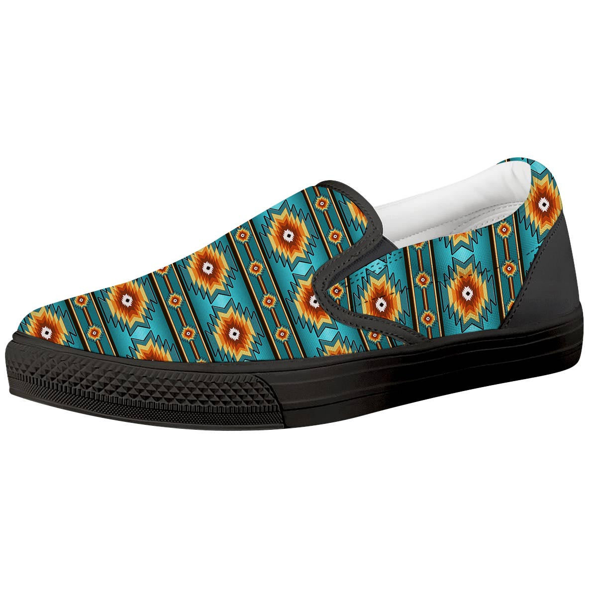 Navajo Teal Southwestern Print Pattern Black Slip On Shoes-grizzshop