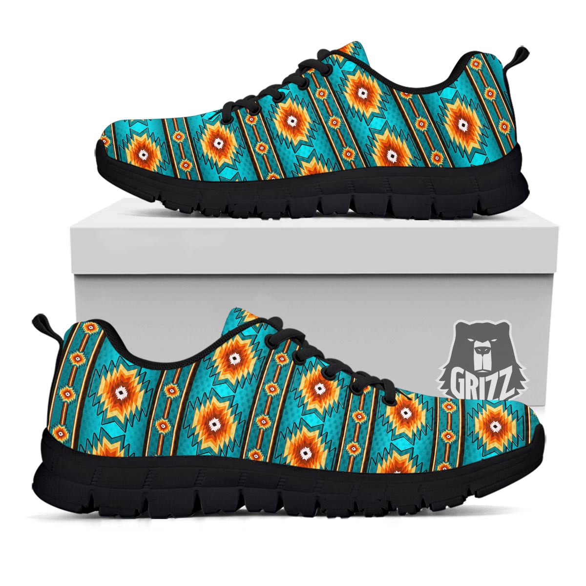 Navajo Teal Southwestern Print Pattern Black Sneaker-grizzshop