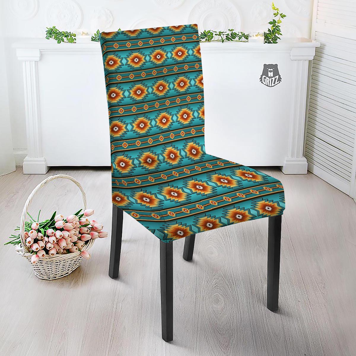 Navajo Teal Southwestern Print Pattern Dining Chair Slipcover-grizzshop