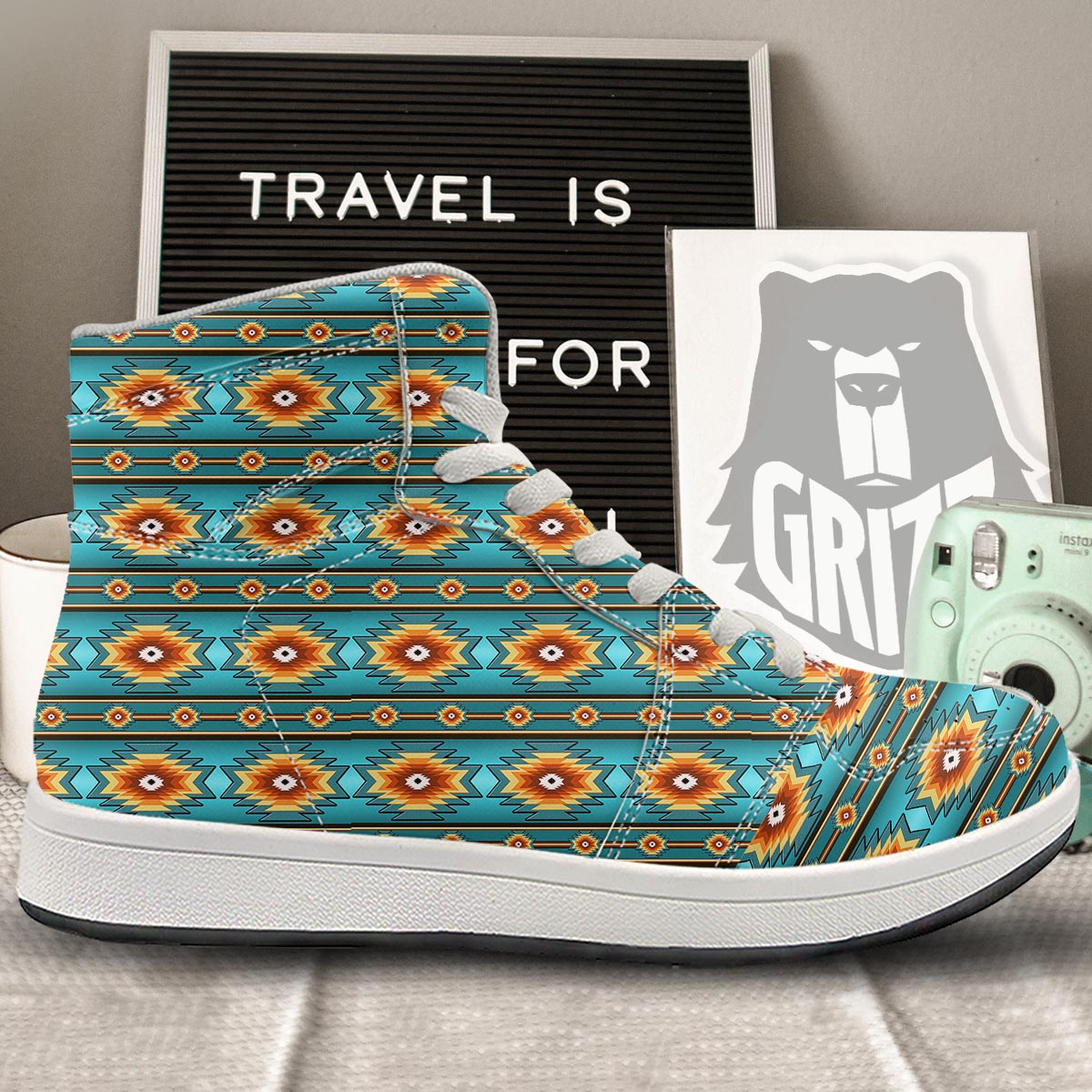 Navajo Teal Southwestern Print Pattern High Top Sneakers-grizzshop