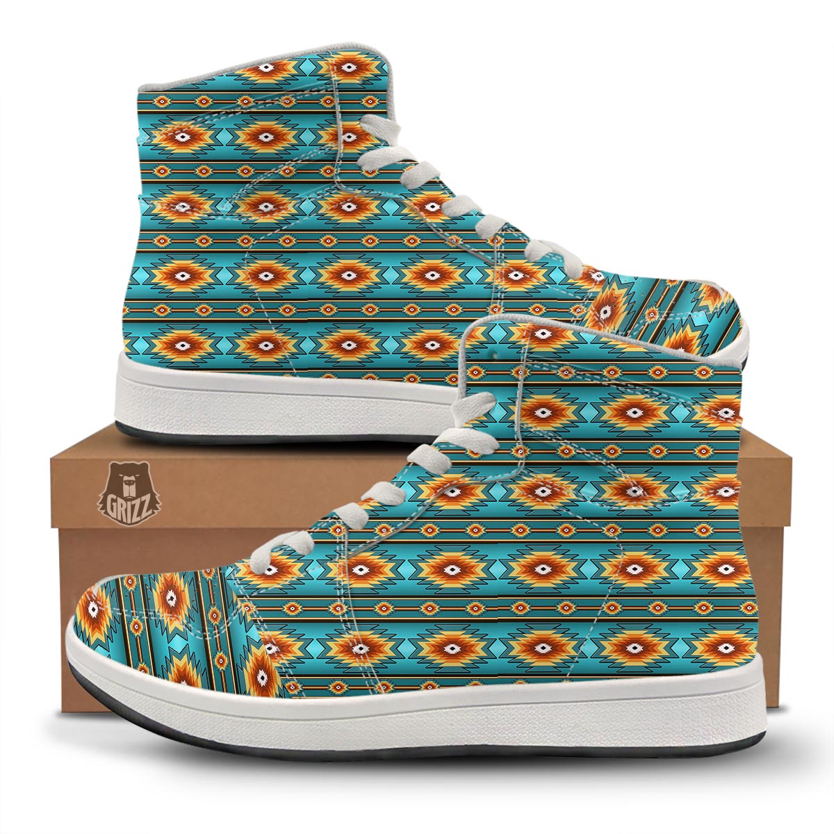 Navajo Teal Southwestern Print Pattern High Top Sneakers-grizzshop