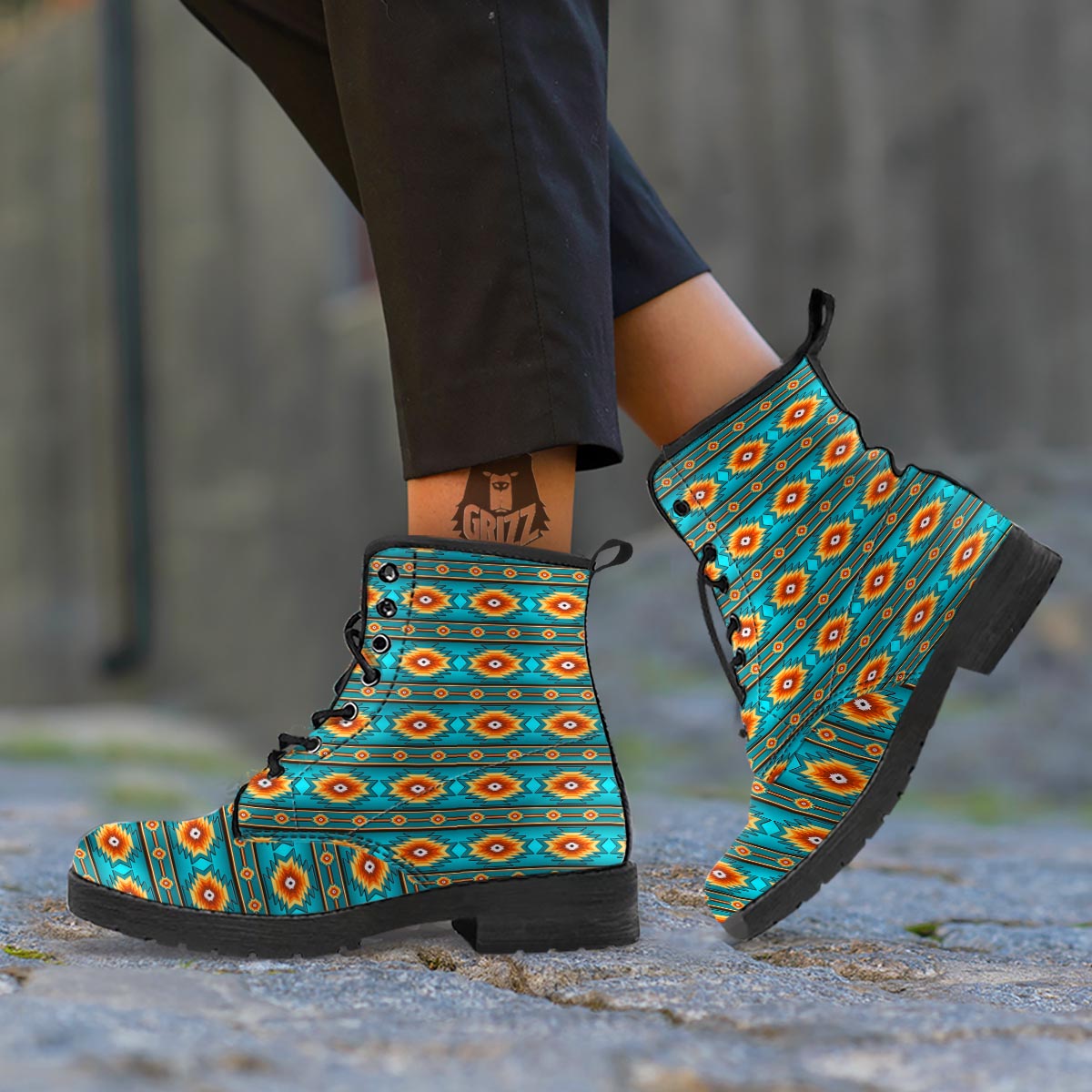 Navajo Teal Southwestern Print Pattern Leather Boots-grizzshop