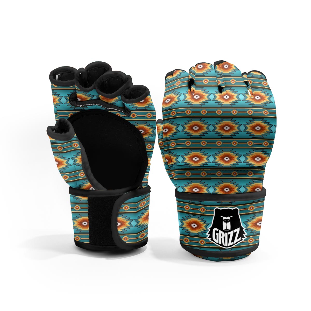 Navajo Teal Southwestern Print Pattern MMA Gloves-grizzshop