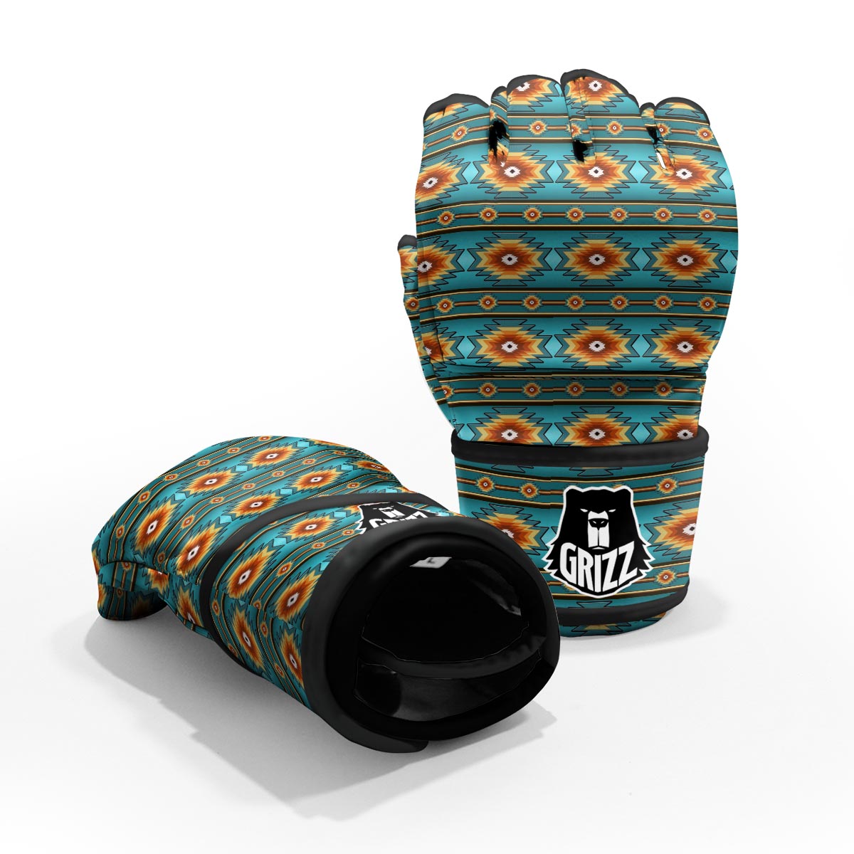 Navajo Teal Southwestern Print Pattern MMA Gloves-grizzshop
