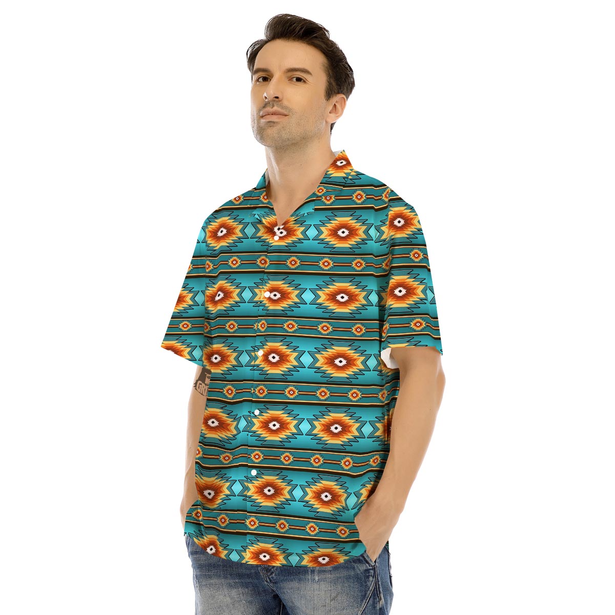 Navajo Teal Southwestern Print Pattern Men's Hawaiian Shirt-grizzshop