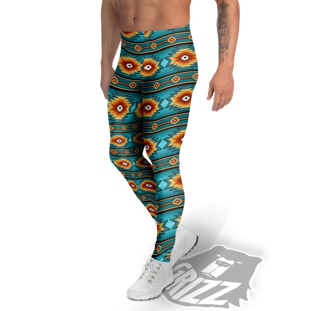 Navajo Teal Southwestern Print Pattern Men's Leggings-grizzshop