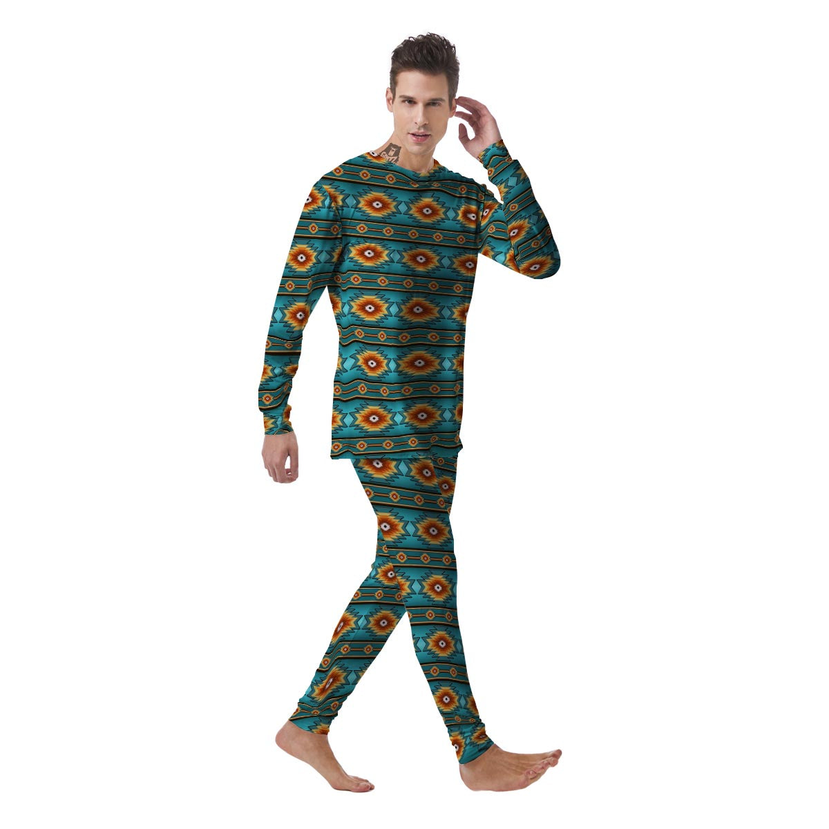 Navajo Teal Southwestern Print Pattern Men's Pajamas-grizzshop