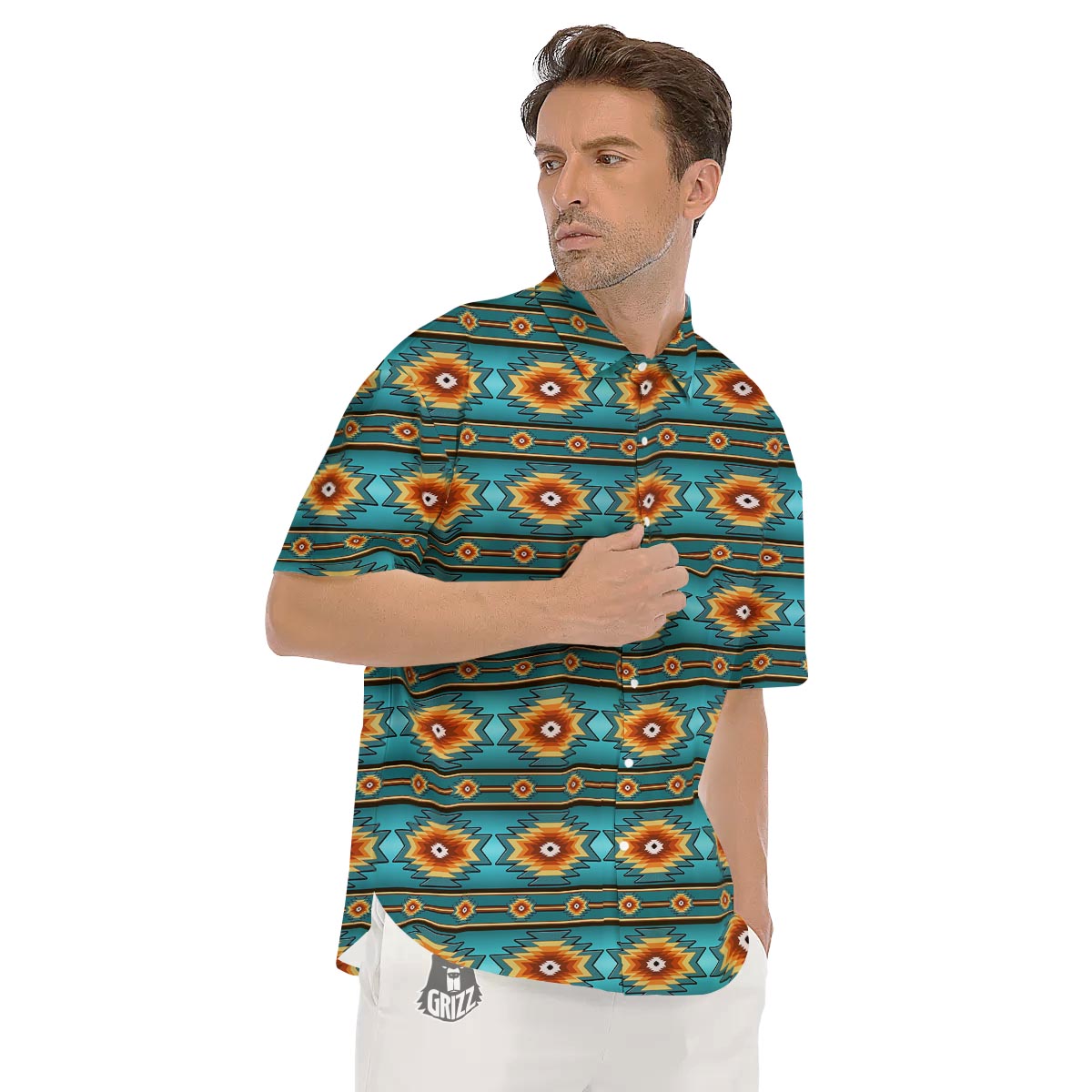 Navajo Teal Southwestern Print Pattern Men's Short Sleeve Shirts-grizzshop