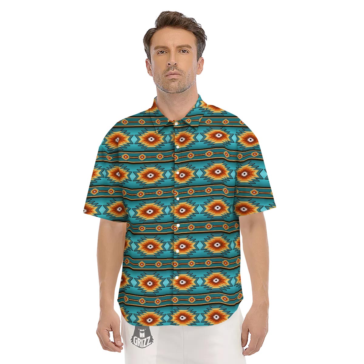 Navajo Teal Southwestern Print Pattern Men's Short Sleeve Shirts-grizzshop