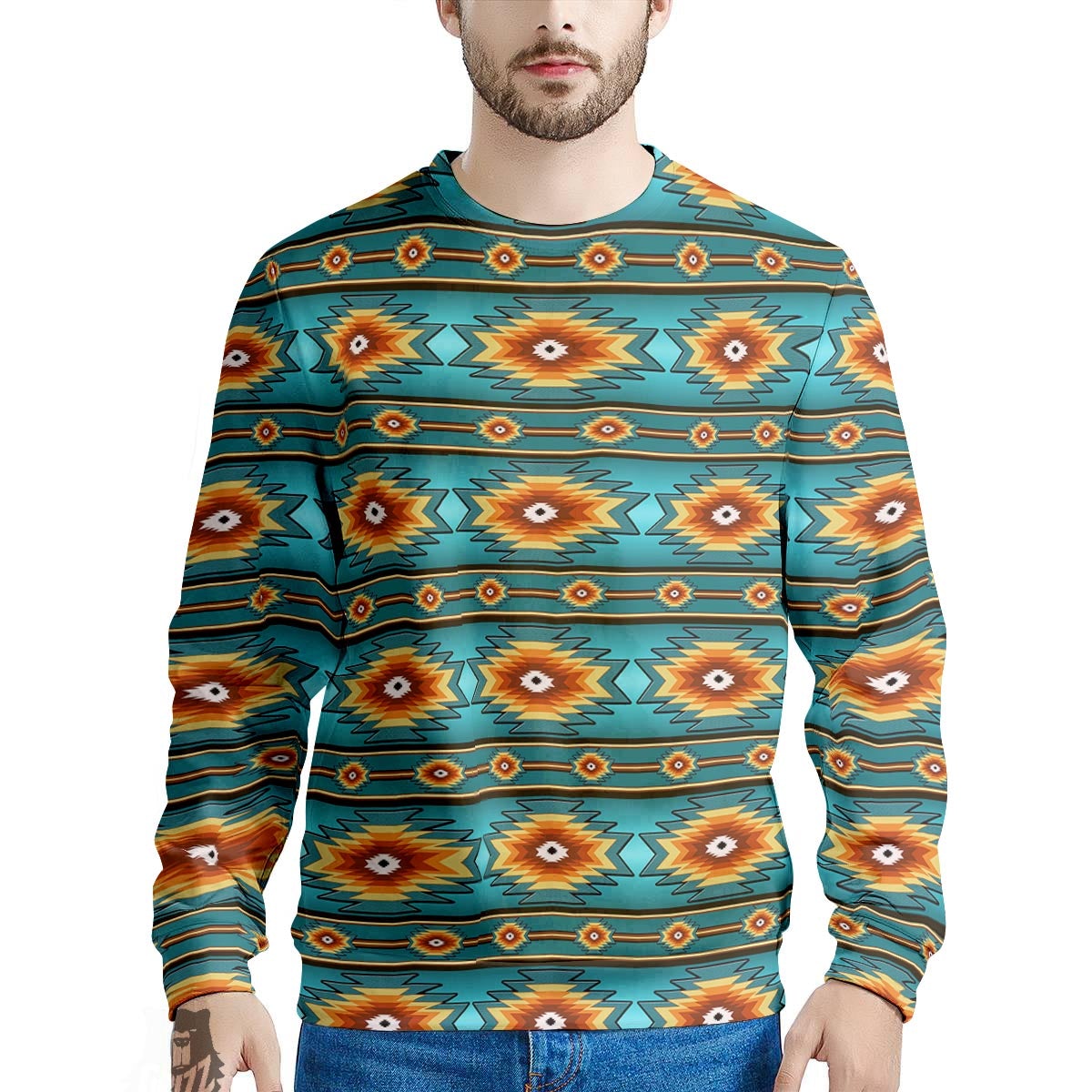 Navajo Teal Southwestern Print Pattern Men's Sweatshirt-grizzshop