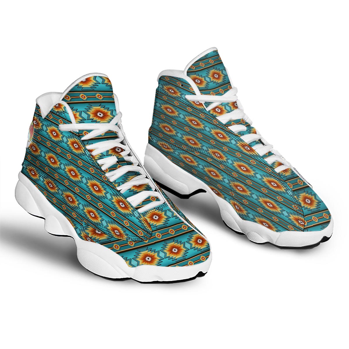 Navajo Teal Southwestern Print Pattern White Basketball Shoes-grizzshop