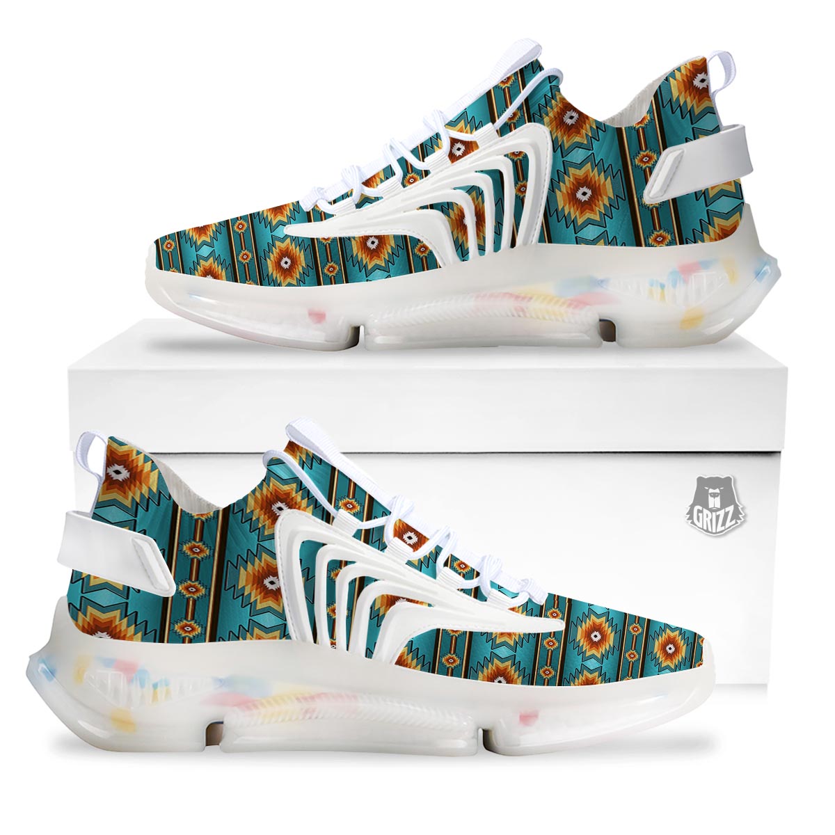 Navajo Teal Southwestern Print Pattern White Gym Shoes-grizzshop