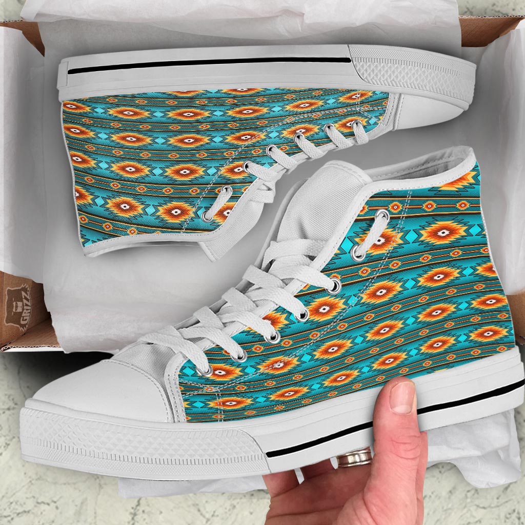 Navajo Teal Southwestern Print Pattern White High Top Shoes-grizzshop